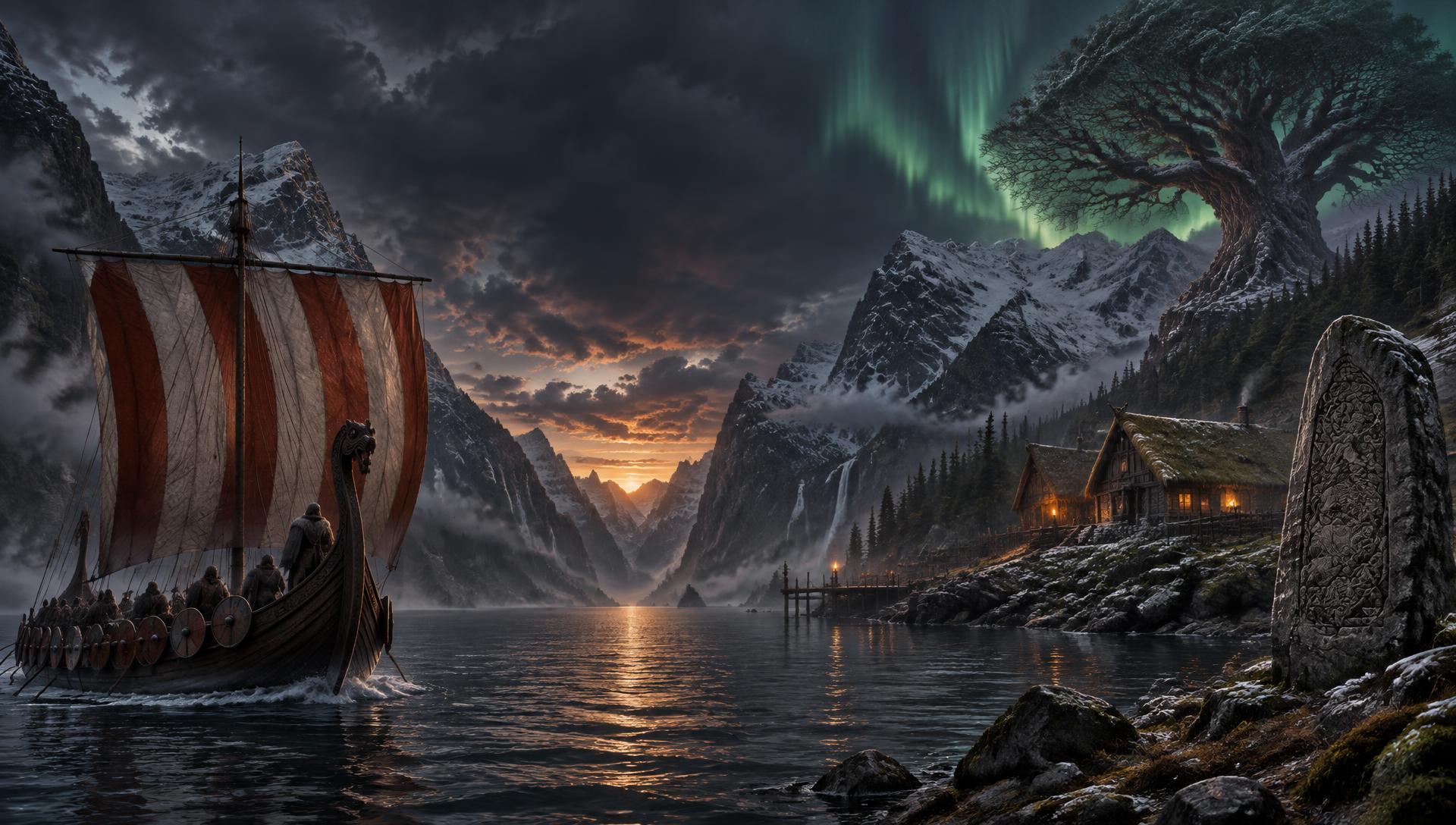 A Viking longship sailing into a Norwegian fjord